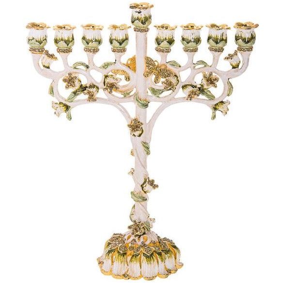 Floral Design White Enamel & Swarovski Chanukah Jeweled Candle Menorah 8.5" tall