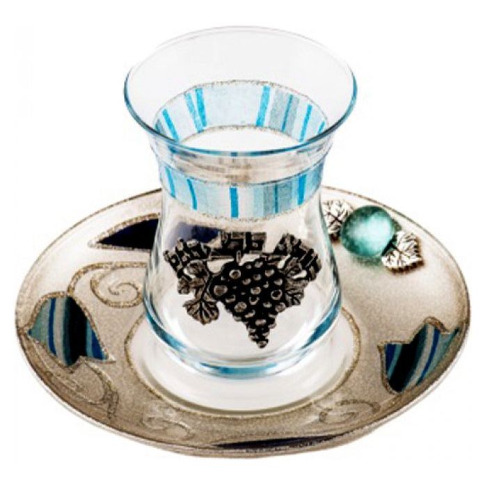 Lily Art Glass Kiddush Cup Becher & Silver Saucer Grapes &  Blue Striped Tulips