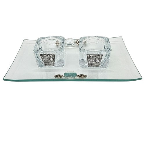 Art Glass Jerusalem Shabbat Candlesticks with Tray Made in Israel By Lily Art Design can slight