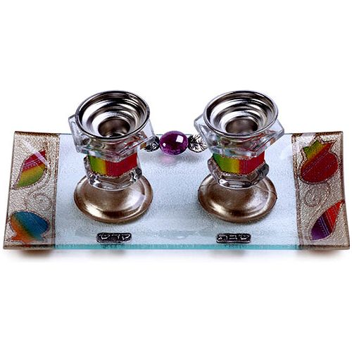 Art Glass Shabbat Candlesticks Tulips By LILY ART Candleholders Set of 2 & Tray