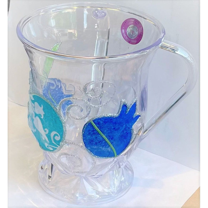 Lily Art Acrylic Washing Netilat Yadaim Cup 6" Decoupage Pomegranates in Blue
