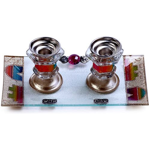 Art Glass Shabbat Candlesticks JERUSALEM By LILY ART Candleholders Set of 2 & Tray