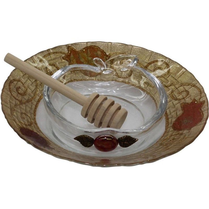 Honey Dish With Plate / Apple Dish Red Pomegranate Decoupage Made in Israel By Lily ART