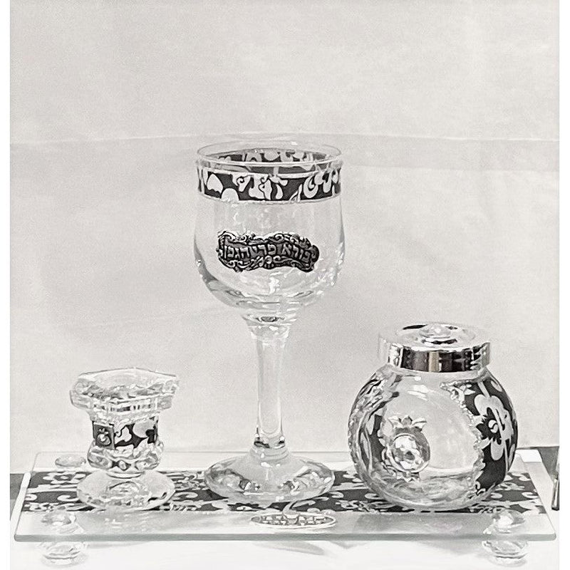 Floral Design Decoupage Art Glass & Crystals Havdalah Set of 4 Made in Israel By Lily Art