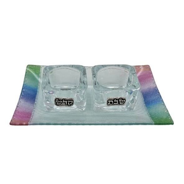 Art Glass Tea light Shabbat Kodesh Candleholders and  Multicolor Tray Made in Israel by Lily ART
