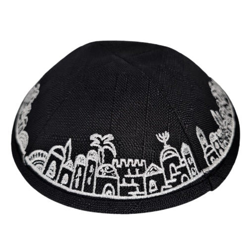 Jerusalem Scene Silver Embroidery Linen Kippah Yarmulka in Black or Navy