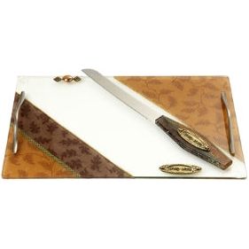 Art Glass Shabbat Tray Pewter Decoration "Gold Leaves" Hand Made in Israel by Lily ART