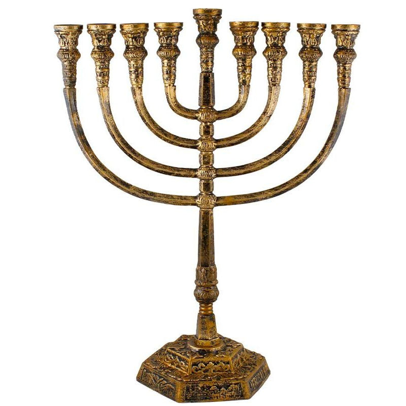 Large Traditional Temple Style Menorah 20.5" high uses Candles or Oil - Rustic Gold