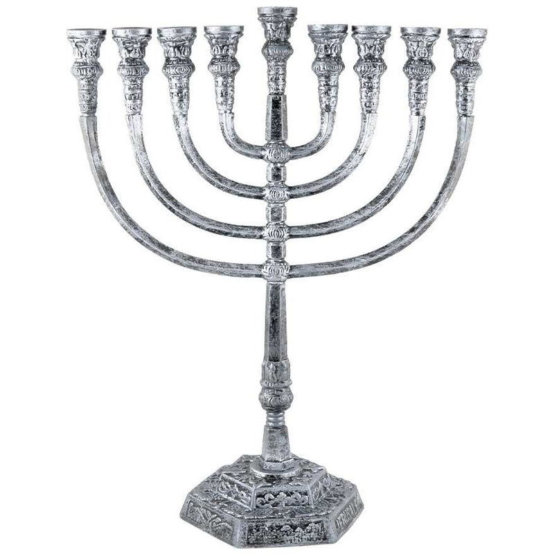 Large Traditional Temple Style Menorah uses Candles or Oil - Rustic Silver