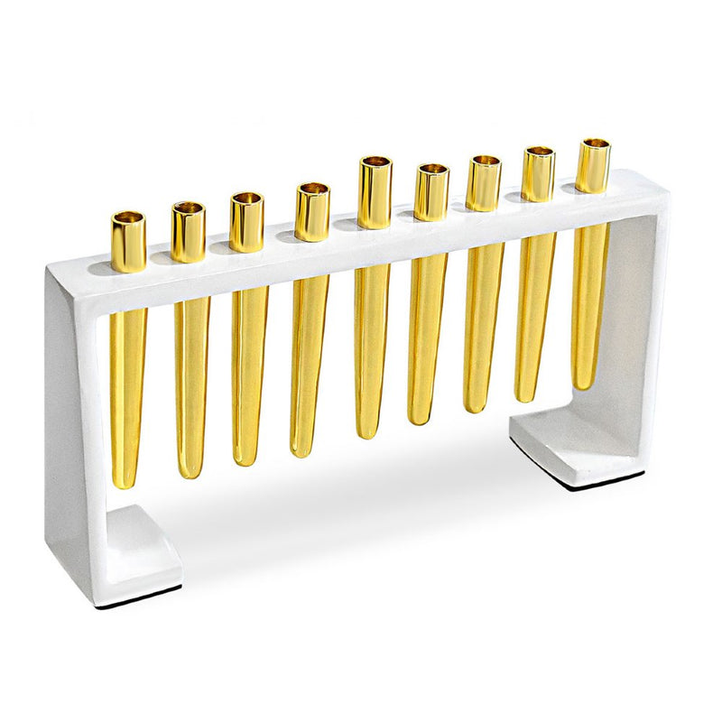 Flutes Chanukah Menorah - White Enamel with Shiny Brass