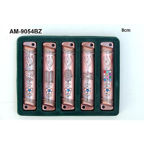 Copper Mezuzah with Blue Stone 3.75" Kosher Parchment included - Design may vary