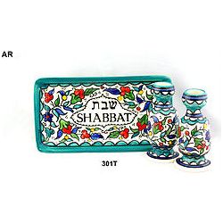 Ceramic Shabbat Candlesticks with Tray Armenian Design Made in Israel