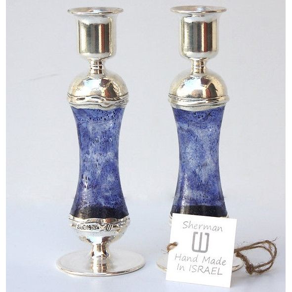 925 Sterling Silver Fused Glass Shabbat Candlesticks & Tray Hand Made in Israel by Sherman