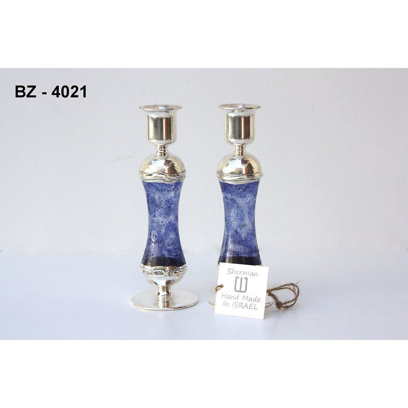 925 Sterling Silver Fused Glass Shabbat Candlesticks & Tray Hand Made in Israel by Sherman