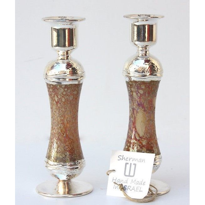 925 Sterling Silver Fused Glass Shabbat Candlesticks & Tray Hand Made in Israel by Sherman