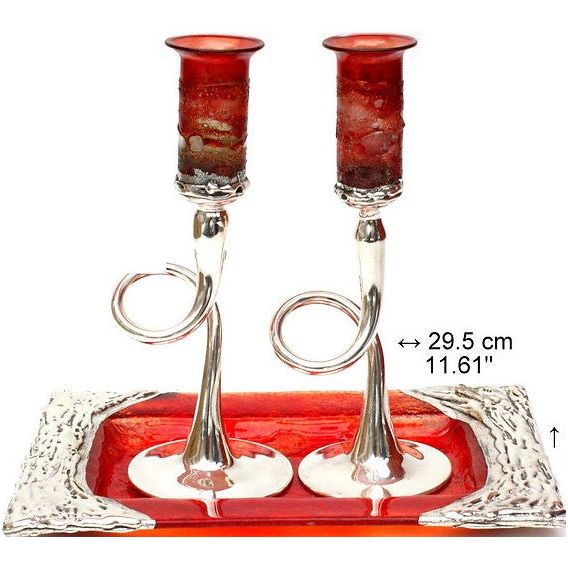 925 Sterling Silver & Fused Glass Shabbat Candlesticks Tray Hand Made in Israel by Sherman