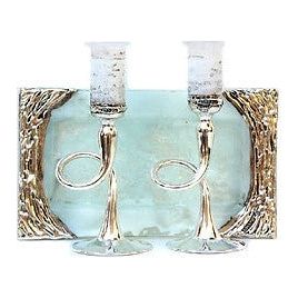 925 Sterling Silver & Fused Glass Shabbat Candlesticks Tray Hand Made in Israel by Sherman
