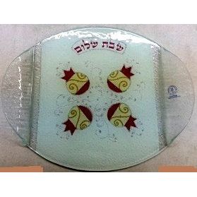 Contemporary Gold Red Pomegranates Glass Challah Tray Hand Made in Israel by Racheli