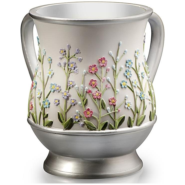ACRYLIC White Silver Netilat Yadaim Washing Cup "Wild Flowers of Israel" 5.8"