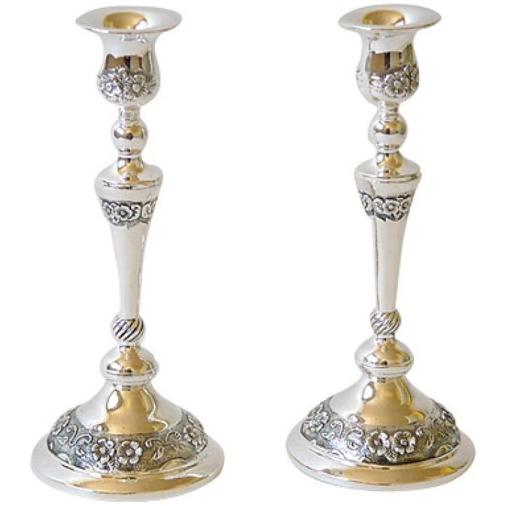 Floral Design Silver Plated Shabbat Candlesticks 7"