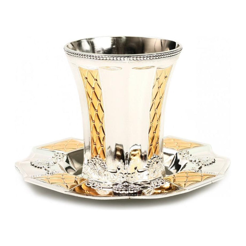 Gold / Silver Plated Kiddush Cup Floral / Diamond Design with tray