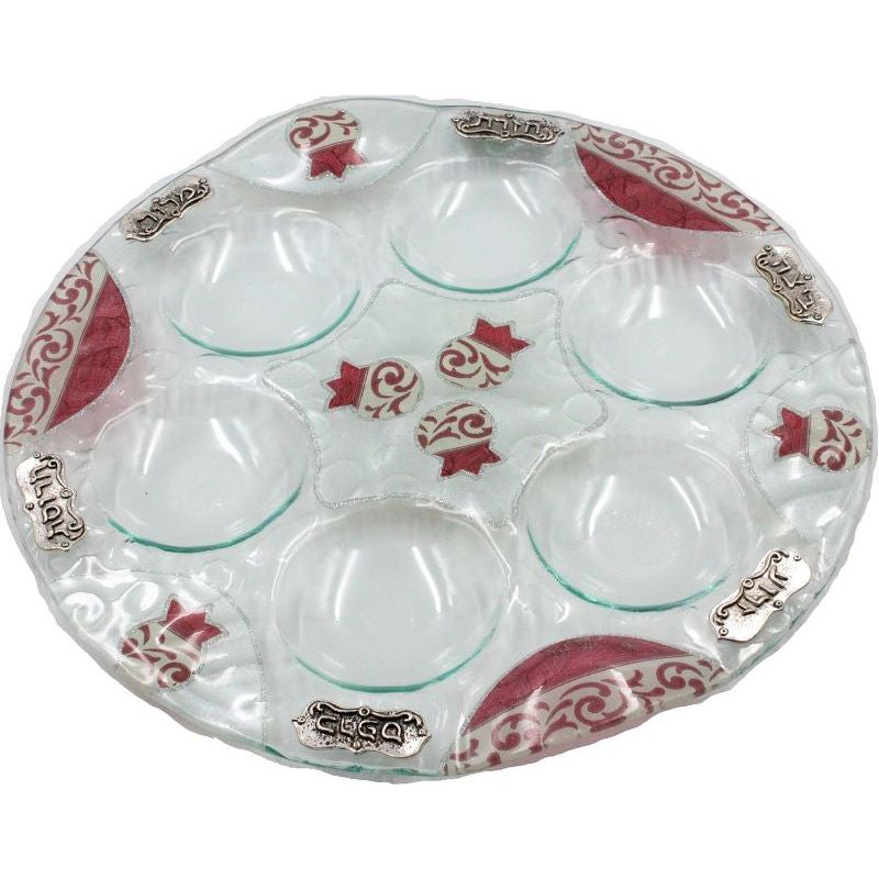 Red Tulips Decoupage Painted Glass Passover Seder Plate Made in Israel by Racheli