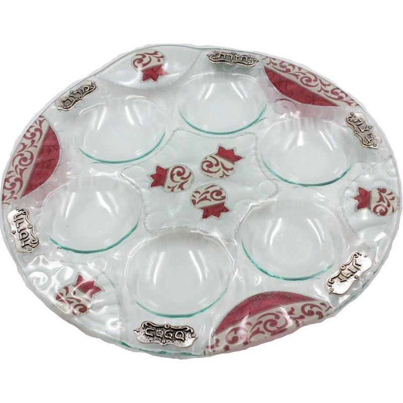 Red Tulips Decoupage Painted Glass Passover Seder Plate Made in Israel by Racheli