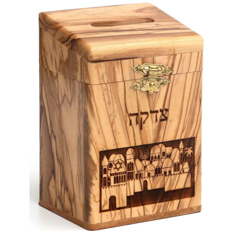 Olive Wood Laser Cut Tzedakah Box Jerusalem Scene Hand Made in Israel