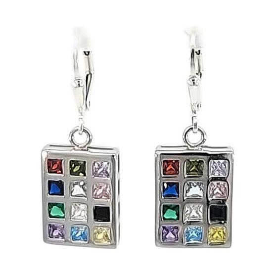 925 Sterling Silver Multicolor CZ Crystals Choshen  Designer French Wire Earrings Made in ISRAEL