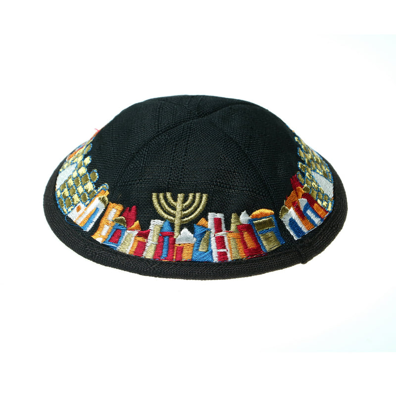 Colorful Embroidery Black Linen Kippah Jerusalem Scenes Yarmulke