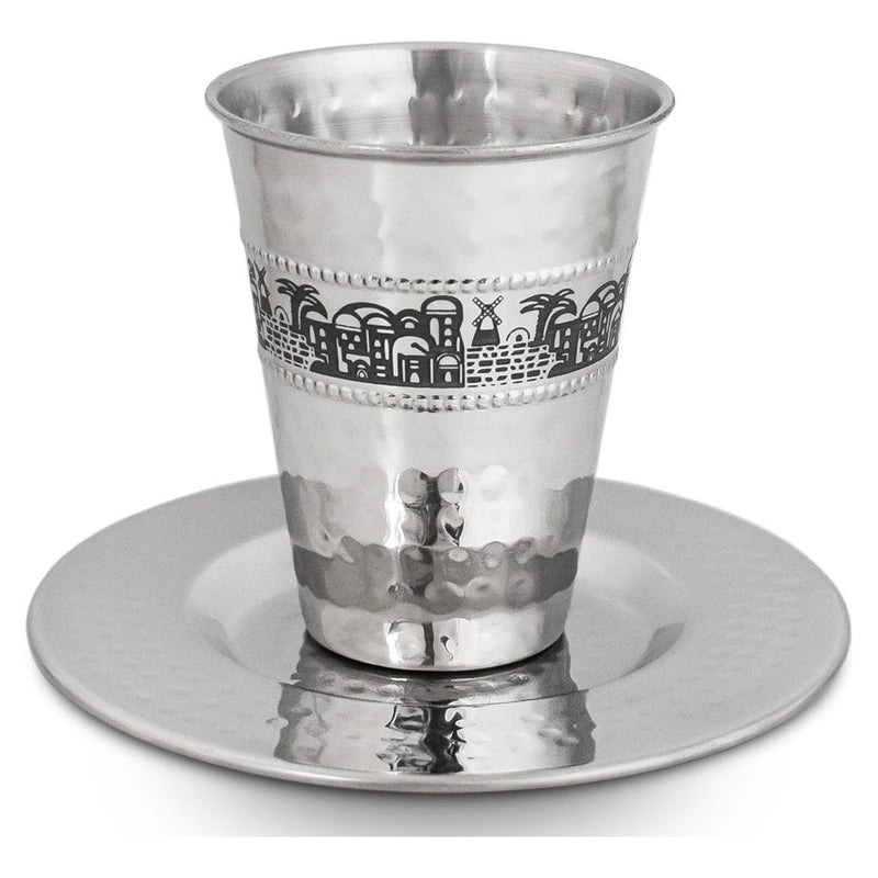 Jerusalem Scene Hammered Stainless Steel Kiddush Cup Becher with Saucer Made in India by Meir Cohen