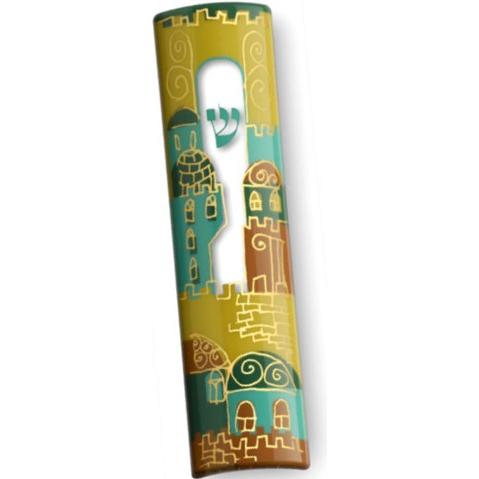 Gold Jerusalem Designer Mezuzah 4" Made in ISRAEL by KFIR Judaica Kosher Parchment included