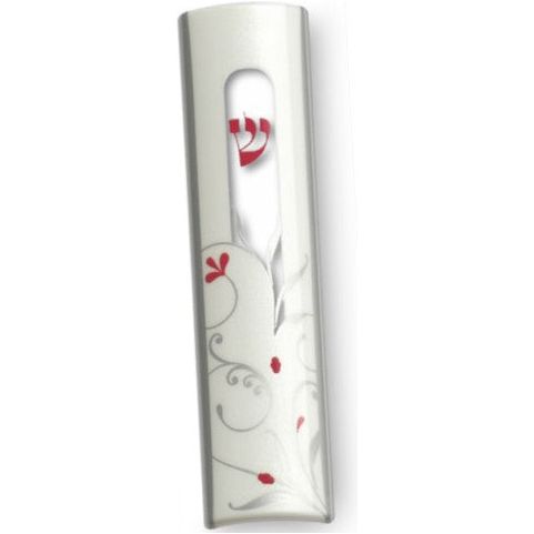 Designer Mezuzah Silver White & Red Flower 4" Made in ISRAEL by KFIR Judaica Kosher $55.00 Parchment