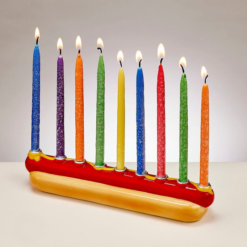 Whimsical Hand - Painted Hot Dog Ceramic Chanukah Menorah