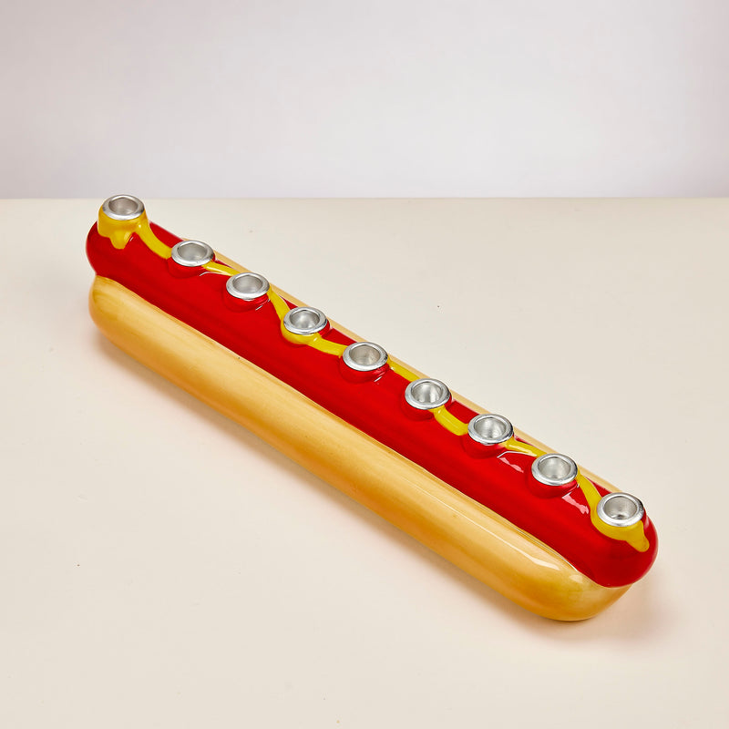 Whimsical Hand - Painted Hot Dog Ceramic Chanukah Menorah