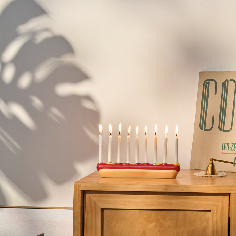 Whimsical Hand - Painted Hot Dog Ceramic Chanukah Menorah