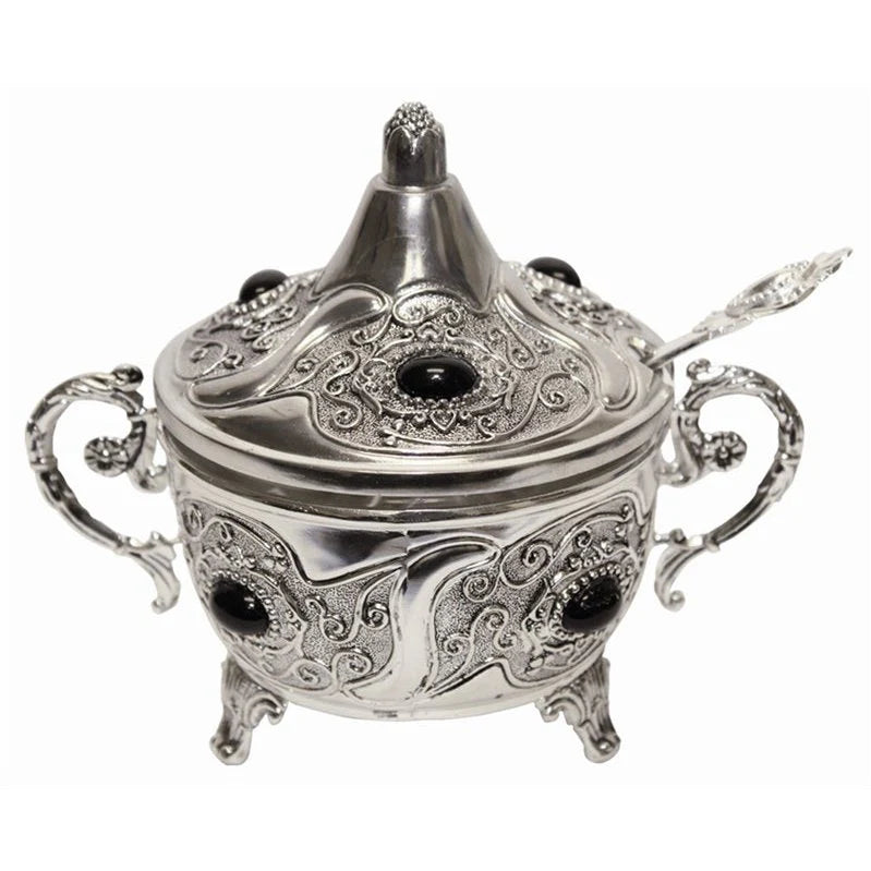 Traditional Honey Dish Silver Filigree Plated with Black Stones & Spoon