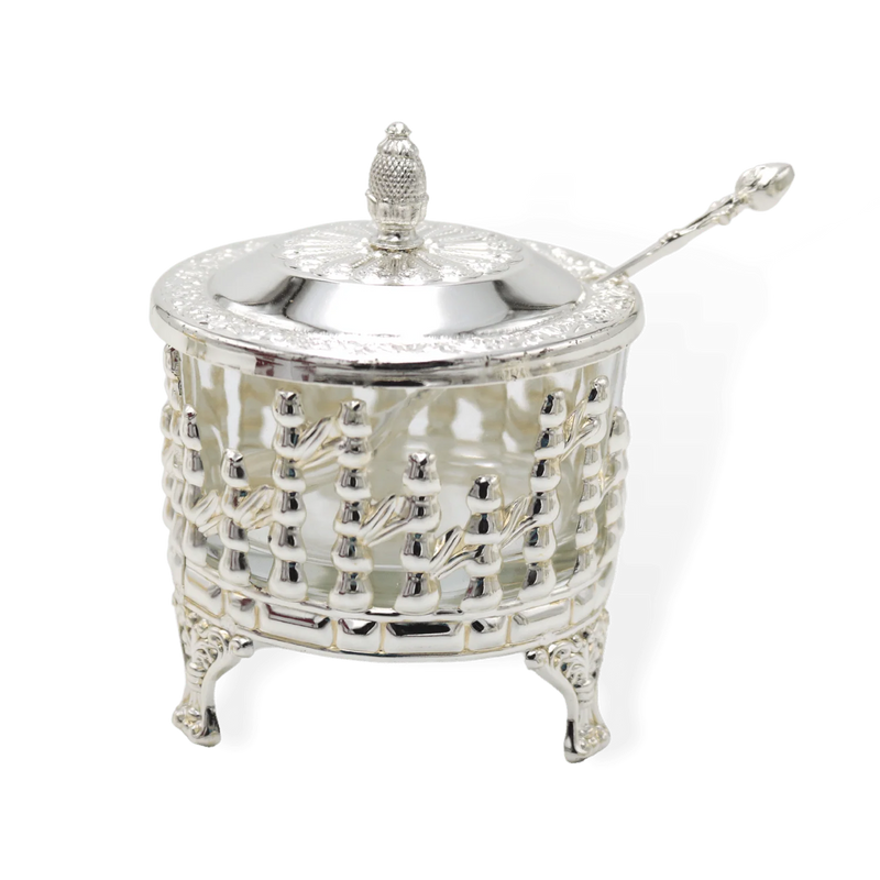 Decorative Honey Dish Dish Silver Plated Glass on Legs with Spoon