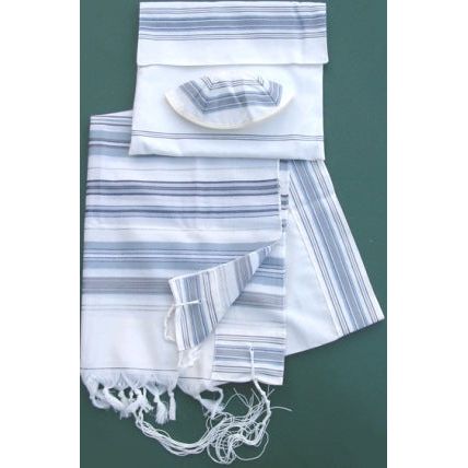 Bnei Or Grey Silver Stripes Wool Tallit / Talis Set of 3