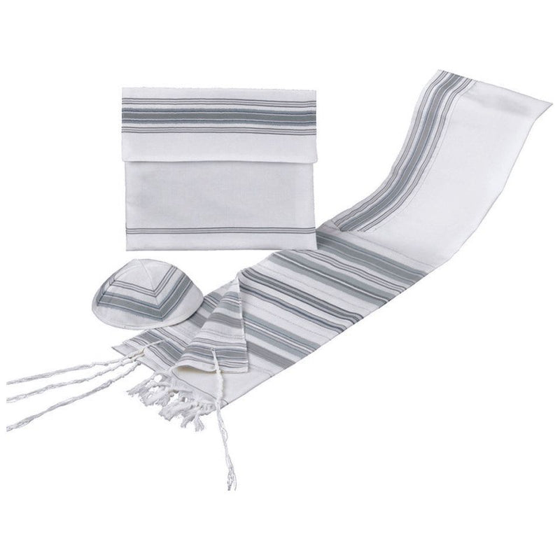 Bnei Or Grey Silver Stripes Wool Tallit / Talis Set of 3