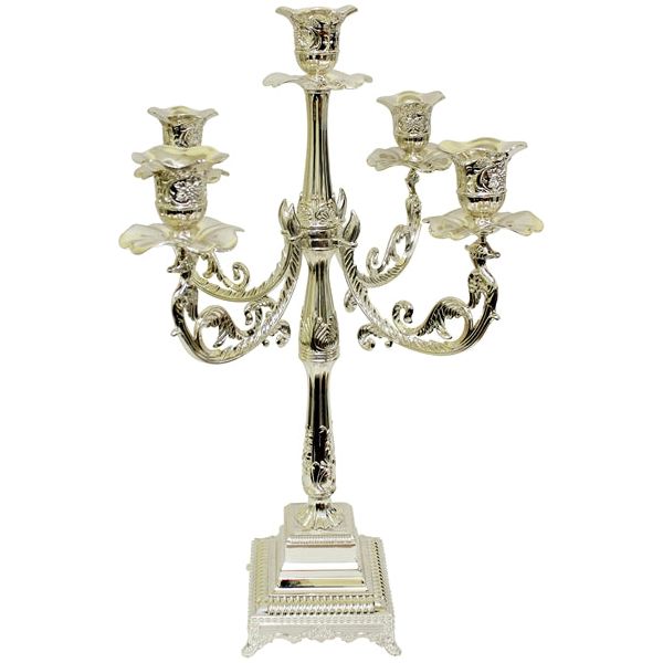 5 Branch Candelabra Candleholders Leaves Design Silver Plated 20"