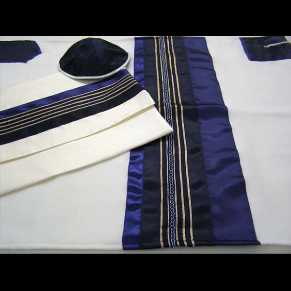 Navi Blue / Gold Stripes Wool Tallit 20" x 72" Made in Israel By Galilee Silks - Set of 3