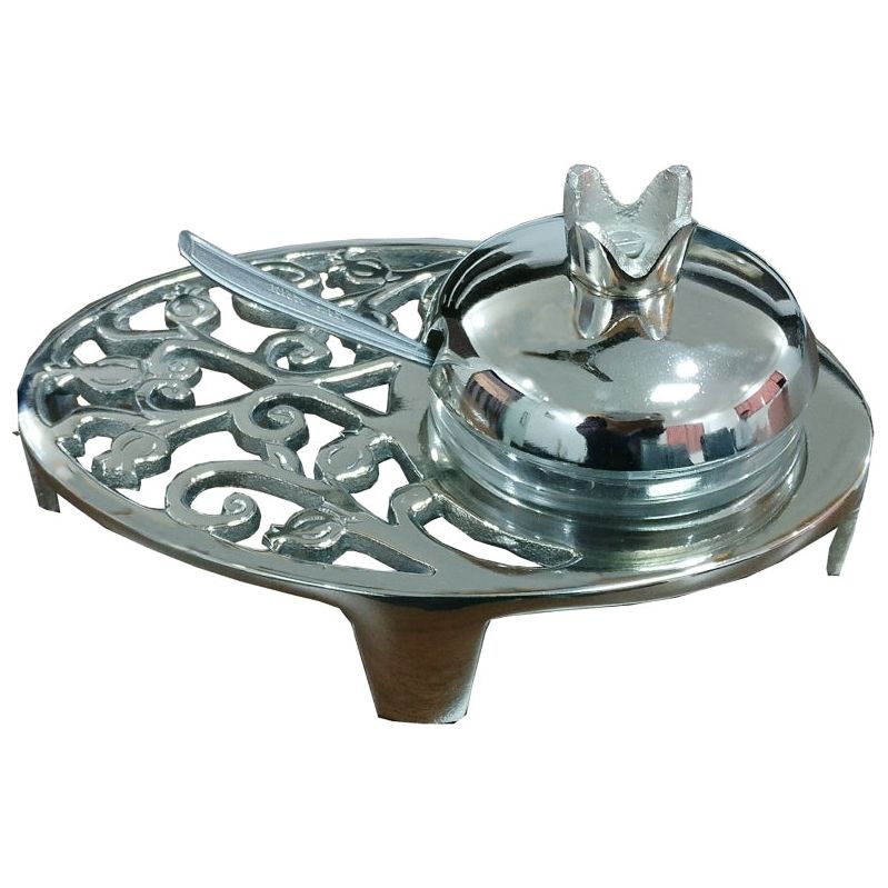 Filigree Honey Dish Nickel with Glass Insert, Spoon and Cover