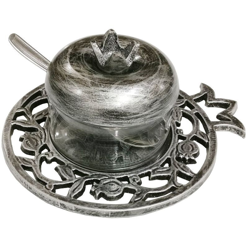 Honey Dish POMEGRANATE Pewter With Glass Insert, Spoon & Cove