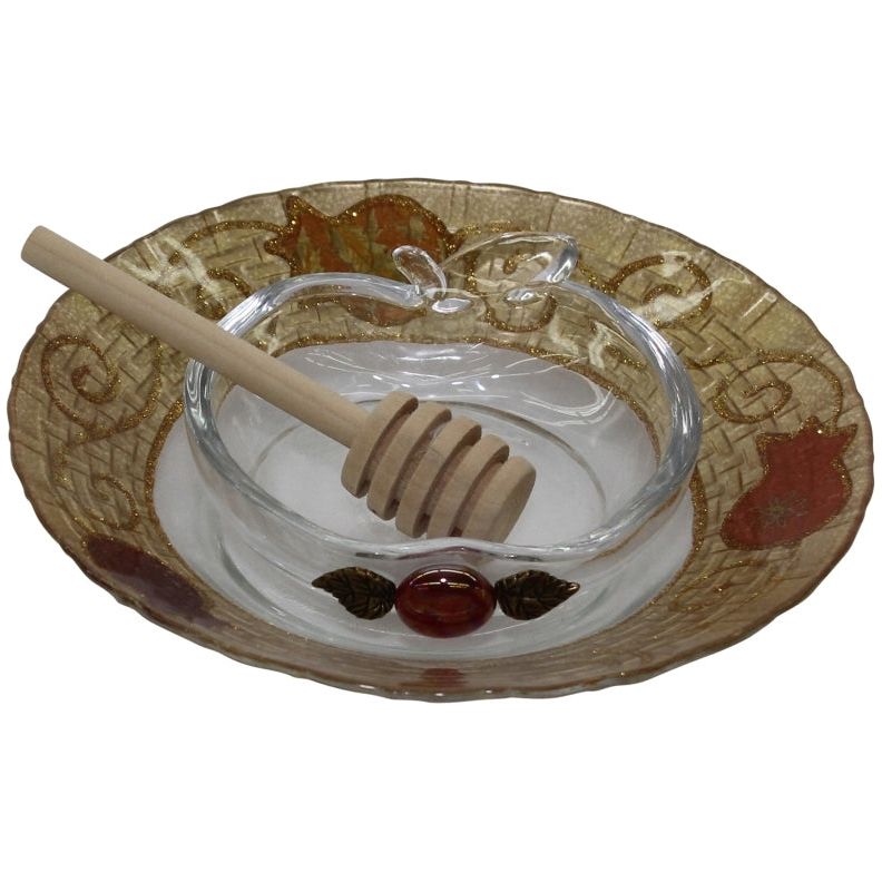 Decoupage Painted Glass Honey Dish & Apple Tray "Red Pomegranate" Made in Israel By Lily ART