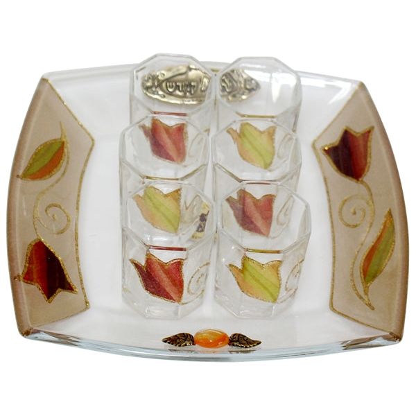 Lily Art Glass Kiddush Liquor Set of 6 & Tray Design may vary 3 colors available