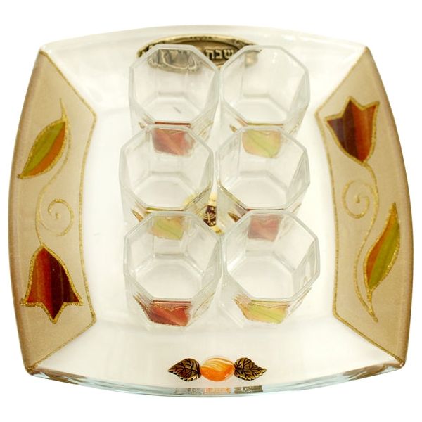 Lily Art Glass Kiddush Liquor Set of 6 & Tray Design may vary 3 colors available