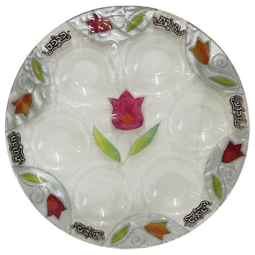 Decoupage Glass Passover Seder Plate "Tulips" 13" Made in Israel by Lily Art