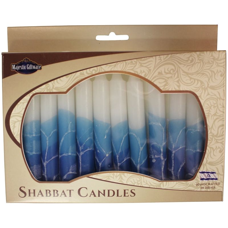 Safed Shabbat Candles White Blue 5.5" Set of 12 Hand Made in Israel