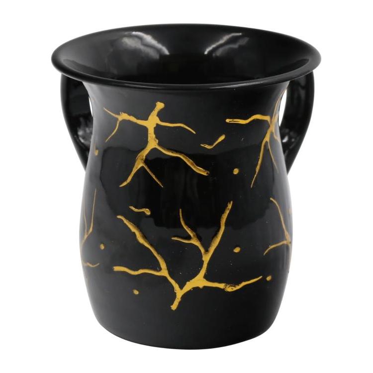 Stainless Steel Netilat Yadaim Washing Cup Golden Corals on Black Design 5.5"H and Bowl  12"D